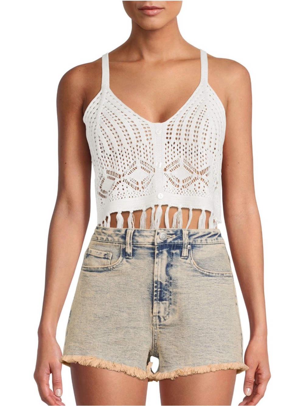 Madden NYC Crochet Fringe Crop Tank Top Ivory Boho Festival Beach Cover Up Sz L